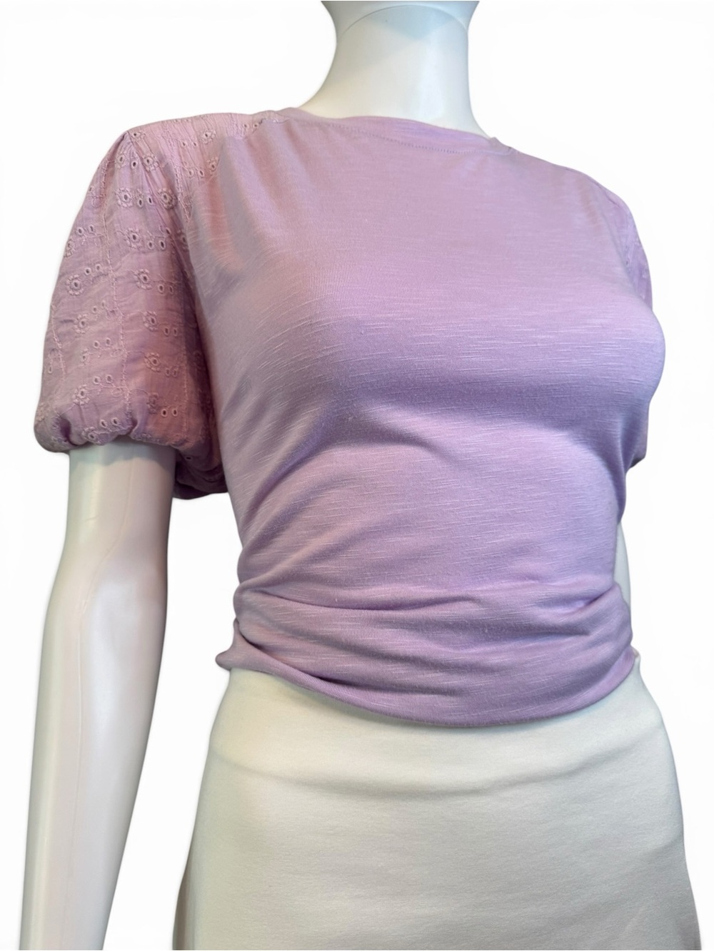 Como Vintage Lilac Eyelet Puff Sleeve T-Shirt | Size XL | Embroidered Tee